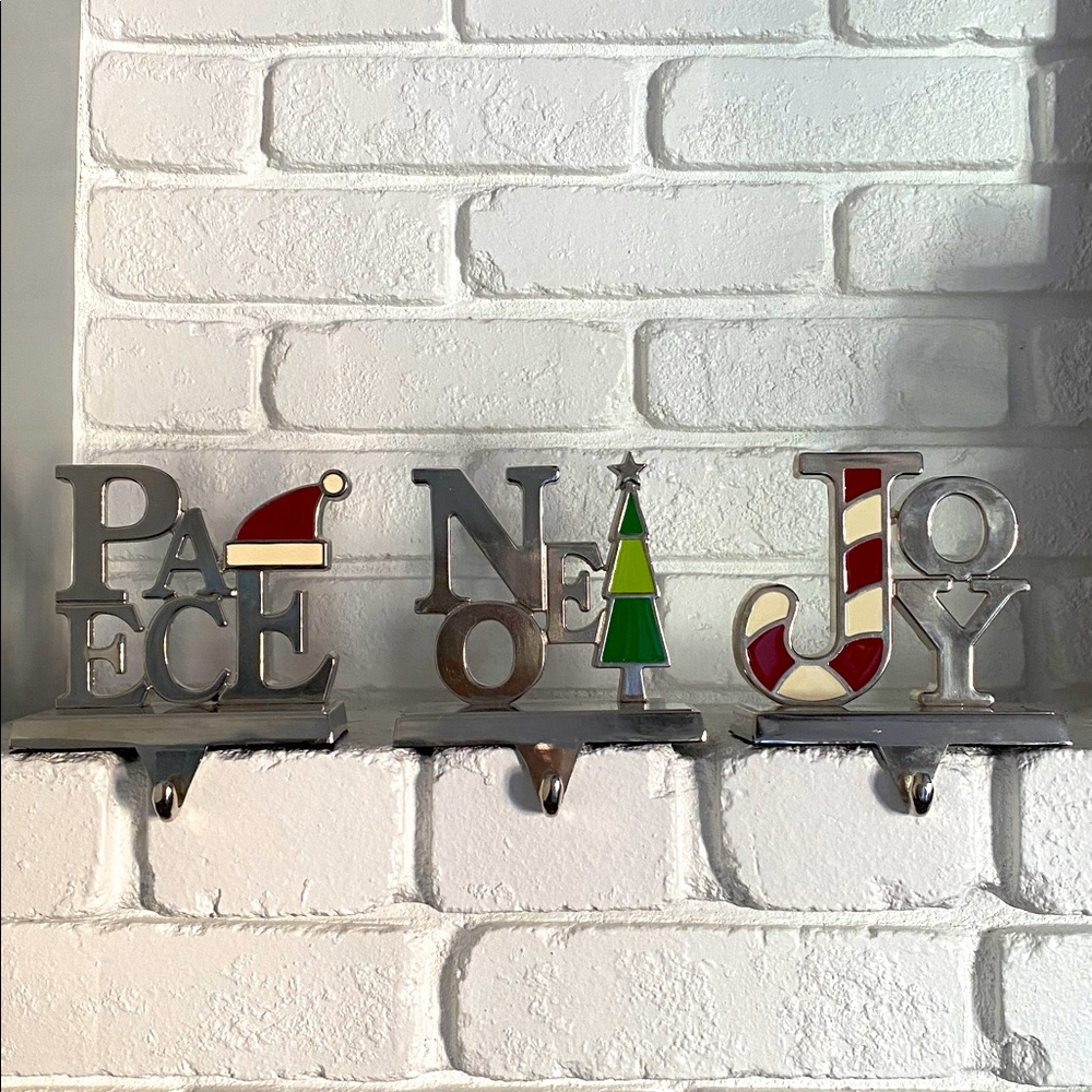Christmas Stocking Metal Holders Joy Peace Noel Set of Three